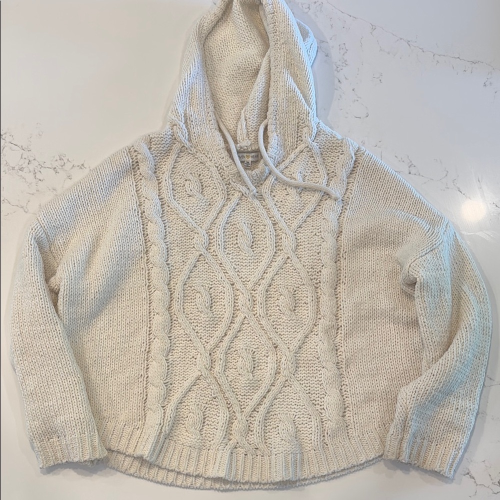 Woven Heart Cream Cable Knit Hoodie Sweater